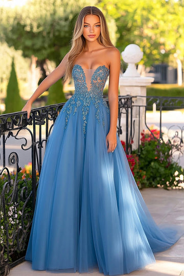 Élégante princesse grise bleue Sweetheart Tulle longue robe de bal